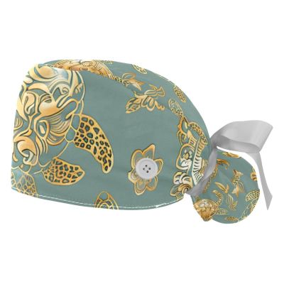 2-Pc,Gourd-Shaped Working Cap,Fisherman Hat with Buttons and Cotton Sweatband,Ethnic Style Golden Sea Turtle