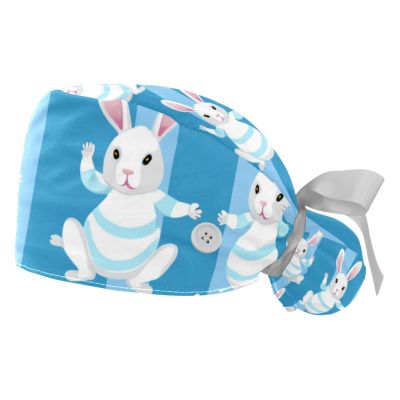 2-Pc,Gourd-Shaped Working Cap,Fisherman Hat with Buttons and Cotton Sweatband,Bunnies on Blue Stripe