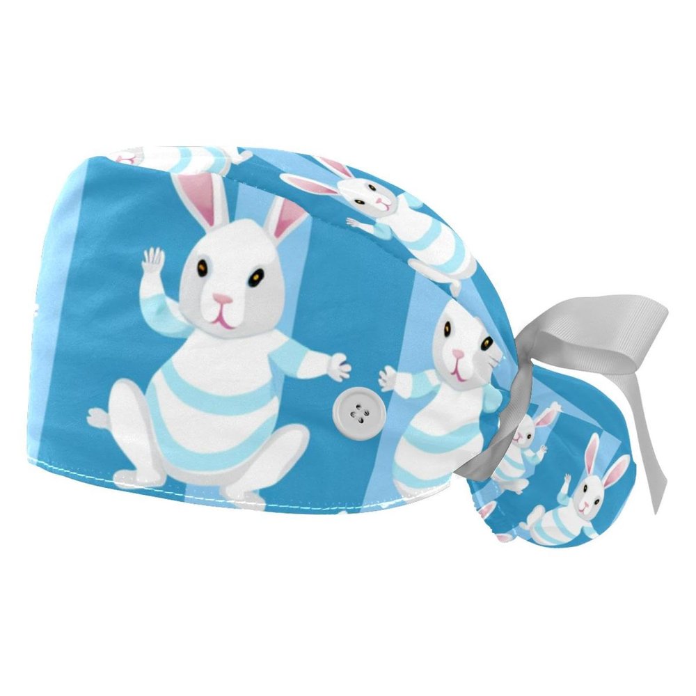 2-Pc,Gourd-Shaped Working Cap,Fisherman Hat with Buttons and Cotton Sweatband,Bunnies on Blue Stripe