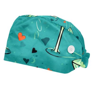 2-Pc,Bouffant Nurse Hats,Scrub Cap Adjustable Scrub Hats with Sweatband,Fruit Cocktail Glass
