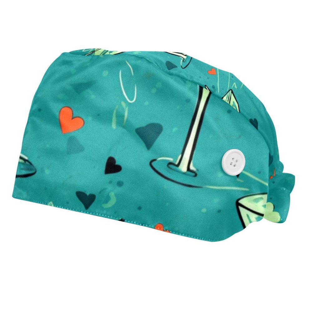 2-Pc,Bouffant Nurse Hats,Scrub Cap Adjustable Scrub Hats with Sweatband,Fruit Cocktail Glass