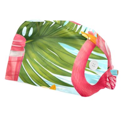 2-Pc,Bouffant Nurse Hats,Scrub Cap Adjustable Scrub Hats with Sweatband,Tropical Juice Flamingo Party