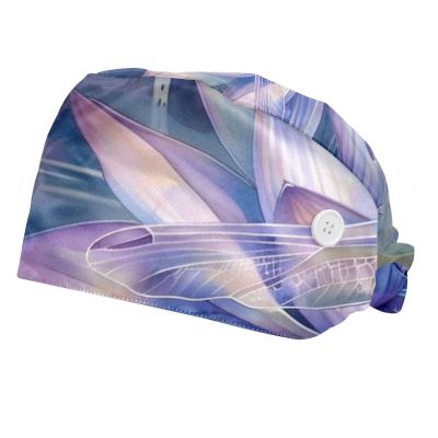 2-Pc,Bouffant Nurse Hats,Scrub Cap Adjustable Scrub Hats with Sweatband,Purple Lotus Watercolor Dragonfly