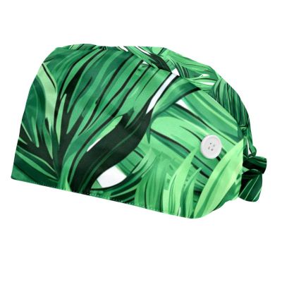 2-Pc,Bouffant Nurse Hats,Scrub Cap Adjustable Scrub Hats with Sweatband,Tropical Palm Leaves Green Bright