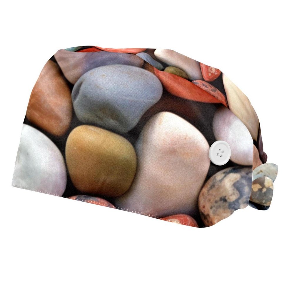 2-Pc,Bouffant Nurse Hats,Scrub Cap Adjustable Scrub Hats with Sweatband,Beach Colorful Stones