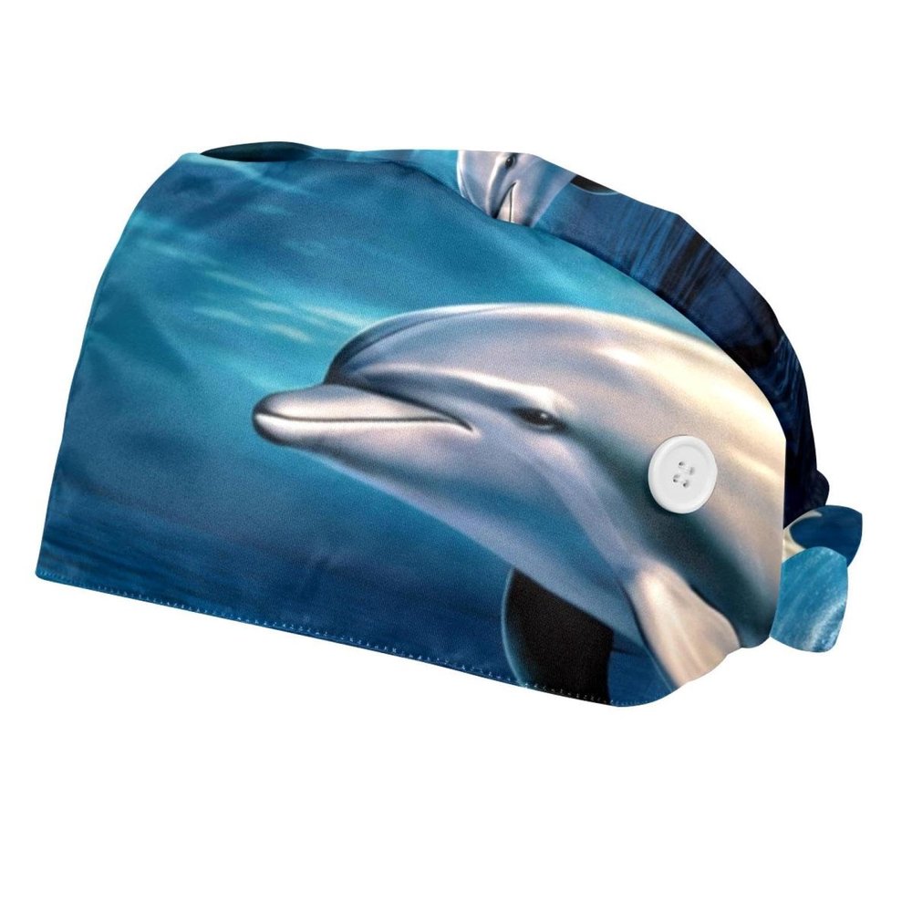 2-Pc,Bouffant Nurse Hats,Scrub Cap Adjustable Scrub Hats with Sweatband,Full Moon Ocean Dolphins