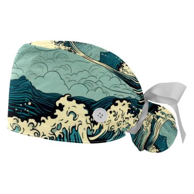 2-Pc,Gourd-Shaped Working Cap,Fisherman Hat with Buttons and Cotton Sweatband,Beach Blue Sea Wave Scenery