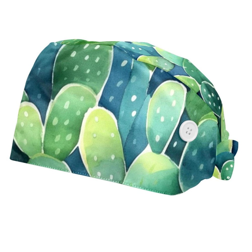 2-Pc,Bouffant Nurse Hats,Scrub Cap Adjustable Scrub Hats with Sweatband,Cacti Watercolor Cactus