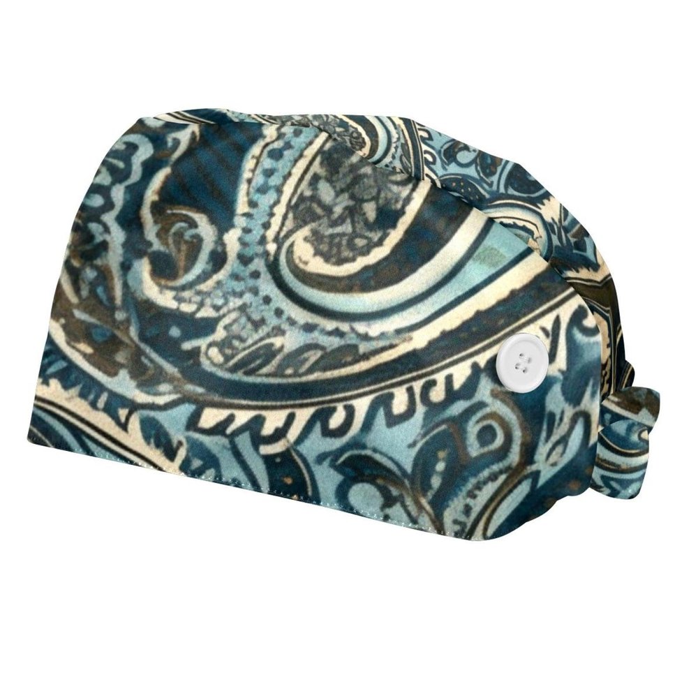 2-Pc,Bouffant Nurse Hats,Scrub Cap Adjustable Scrub Hats with Sweatband,Abstract Retro Cashew Flower Paisley