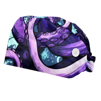 2-Pc,Bouffant Nurse Hats,Scrub Cap Adjustable Scrub Hats with Sweatband,Fish Ocean Devilfish