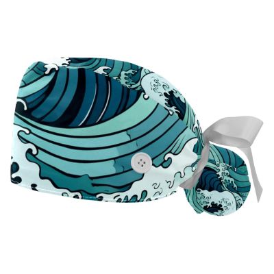 2-Pc,Gourd-Shaped Working Cap,Fisherman Hat with Buttons and Cotton Sweatband,Sea Abstract Floral Waves