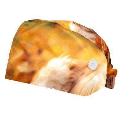 2-Pc,Bouffant Nurse Hats,Scrub Cap Adjustable Scrub Hats with Sweatband,Autumn Golden Retriever Leaves