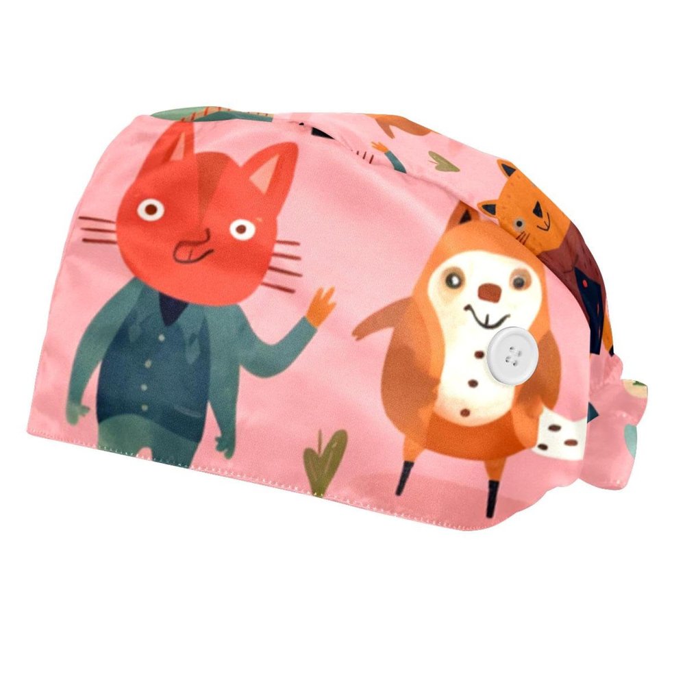 2-Pc,Bouffant Nurse Hats,Scrub Cap Adjustable Scrub Hats with Sweatband,Cartoon Animals Forest Winter