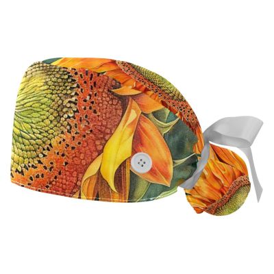 2-Pc,Gourd-Shaped Working Cap,Fisherman Hat with Buttons and Cotton Sweatband,Vintage Texture Sunflower