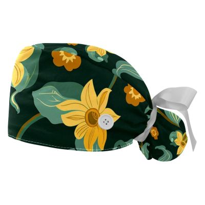 2-Pc,Gourd-Shaped Working Cap,Fisherman Hat with Buttons and Cotton Sweatband,Bright Floral Yellow Flower