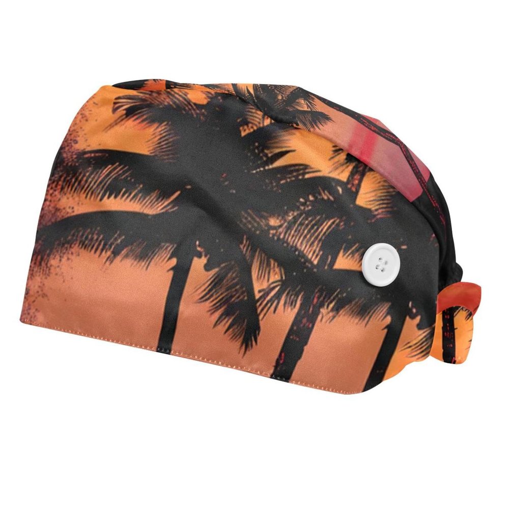 2-Pc,Bouffant Nurse Hats,Scrub Cap Adjustable Scrub Hats with Sweatband,Tropical Sunset Palm Tree