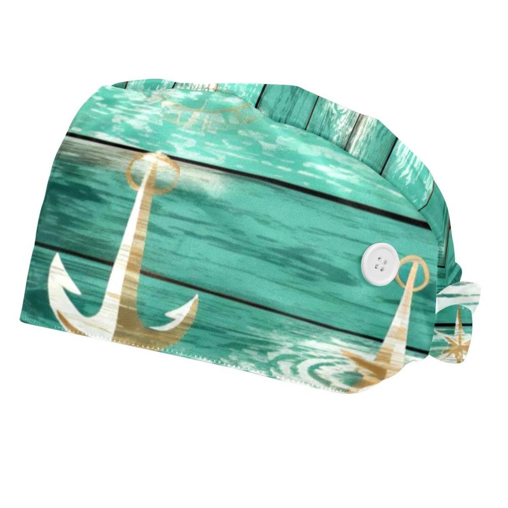 2-Pc,Bouffant Nurse Hats,Scrub Cap Adjustable Scrub Hats with Sweatband,Anchor Retro Nautical