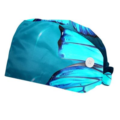 2-Pc,Bouffant Nurse Hats,Scrub Cap Adjustable Scrub Hats with Sweatband,Blue Fantasy Butterfly Ocean