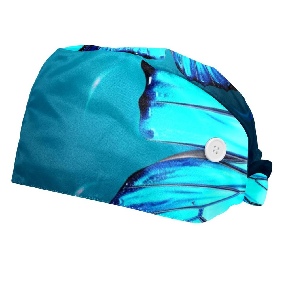 2-Pc,Bouffant Nurse Hats,Scrub Cap Adjustable Scrub Hats with Sweatband,Blue Fantasy Butterfly Ocean