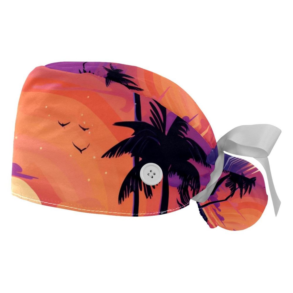 2-Pc,Gourd-Shaped Working Cap,Fisherman Hat with Buttons and Cotton Sweatband,Purple Palm Tree Sunset