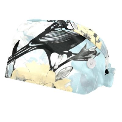 2-Pc,Bouffant Nurse Hats,Scrub Cap Adjustable Scrub Hats with Sweatband,Butterfly Bird Flower