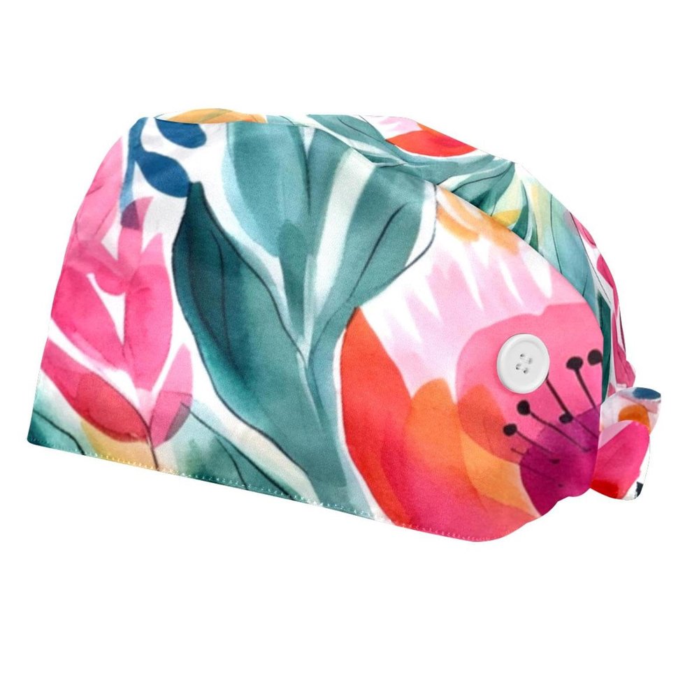 2-Pc,Bouffant Nurse Hats,Scrub Cap Adjustable Scrub Hats with Sweatband,Watercolor Leaves Floral