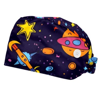 2-Pc,Bouffant Nurse Hats,Scrub Cap Adjustable Scrub Hats with Sweatband,Cartoon Rocket Lovely Planets