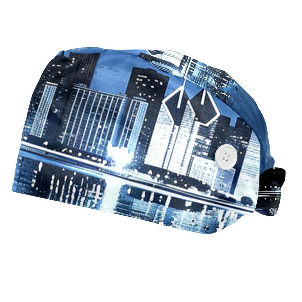 2-Pc,Bouffant Nurse Hats,Scrub Cap Adjustable Scrub Hats with Sweatband,City River Landscape Night