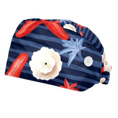 2-Pc,Bouffant Nurse Hats,Scrub Cap Adjustable Scrub Hats with Sweatband,Anchor Shell Starfish Stripes