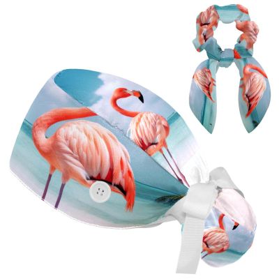Nurse Scrub Caps,Scrub Hats with Buttons and Cotton Sweatband,Flamingos Sand Beach Summer