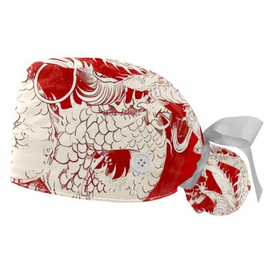 2-Pc,Gourd-Shaped Working Cap,Fisherman Hat with Buttons and Cotton Sweatband,Chinese Dragon Red