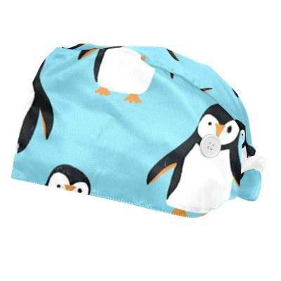 2-Pc,Bouffant Nurse Hats,Scrub Cap Adjustable Scrub Hats with Sweatband,Blue Background Penguins