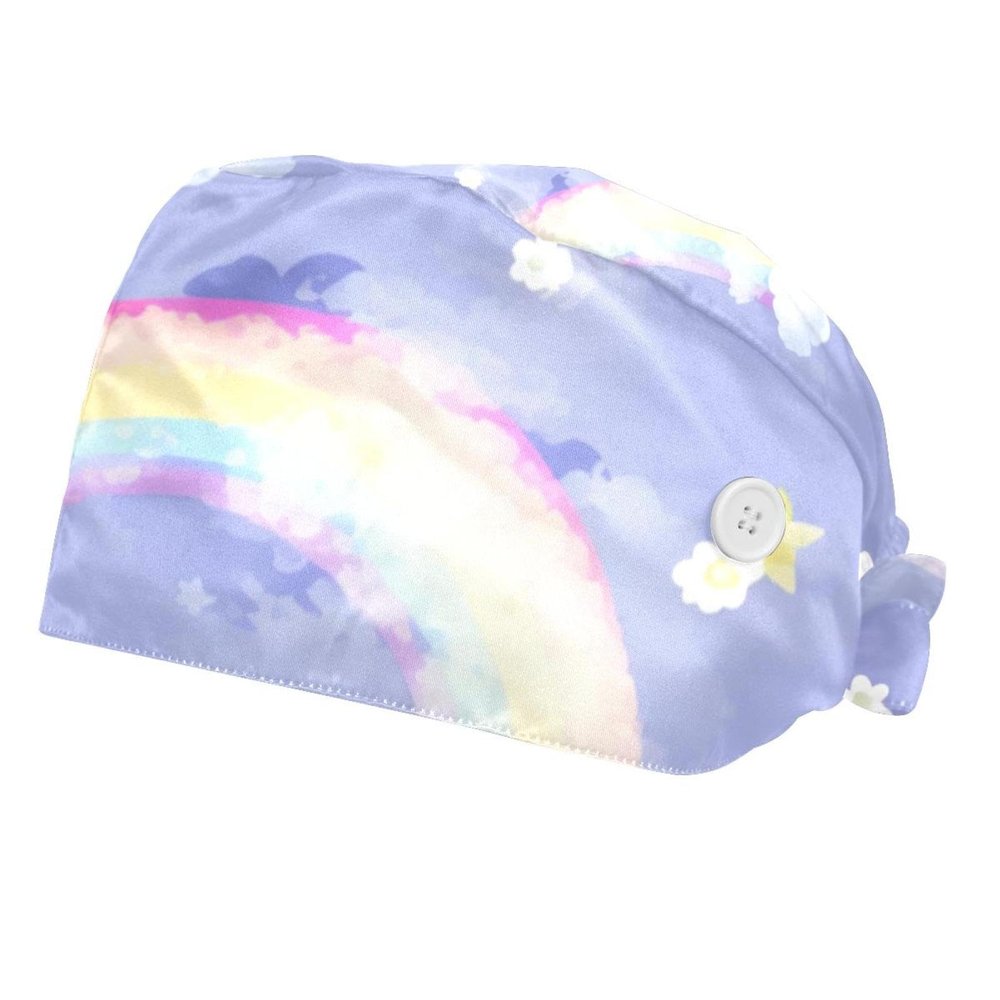 2-Pc,Bouffant Nurse Hats,Scrub Cap Adjustable Scrub Hats with Sweatband,Cloud Rainbow and Unicorn