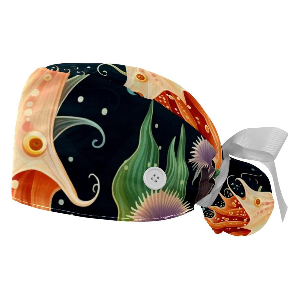 2-Pc,Gourd-Shaped Working Cap,Fisherman Hat with Buttons and Cotton Sweatband,Colorful Ocean Plant Art Pattern