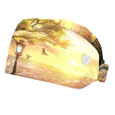 2-Pc,Bouffant Nurse Hats,Scrub Cap Adjustable Scrub Hats with Sweatband,Eiffel Tower Sunset Paris