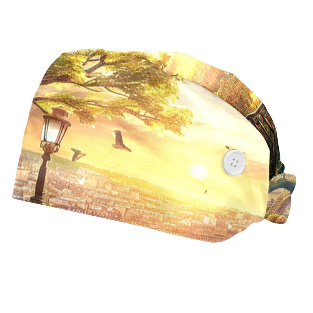 2-Pc,Bouffant Nurse Hats,Scrub Cap Adjustable Scrub Hats with Sweatband,Eiffel Tower Sunset Paris