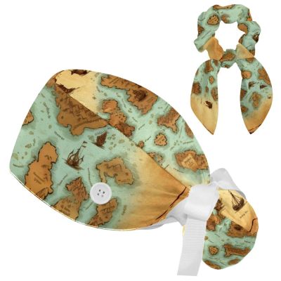 Nurse Scrub Caps,Scrub Hats with Buttons and Cotton Sweatband,Vintage World Map Compass