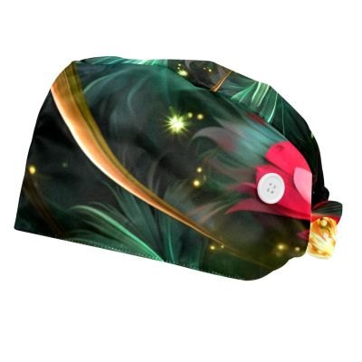 2-Pc,Bouffant Nurse Hats,Scrub Cap Adjustable Scrub Hats with Sweatband,Abstract Red and Green Flowers