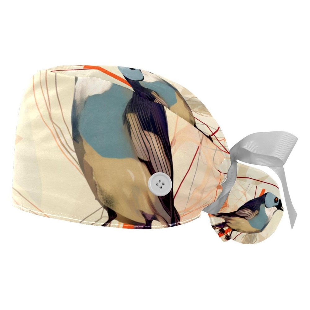 2-Pc,Gourd-Shaped Working Cap,Fisherman Hat with Buttons and Cotton Sweatband,Bird and Geometry