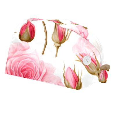2-Pc,Bouffant Nurse Hats,Scrub Cap Adjustable Scrub Hats with Sweatband,Floral Pink Flower Rose