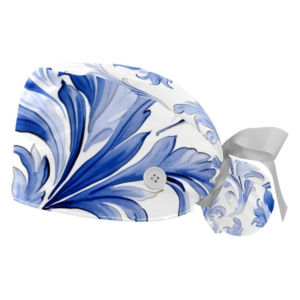 2-Pc,Gourd-Shaped Working Cap,Fisherman Hat with Buttons and Cotton Sweatband,Blue Floral Leaves