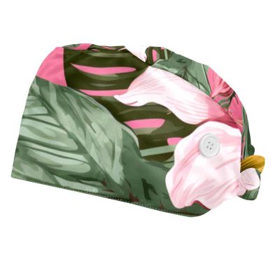 2-Pc,Bouffant Nurse Hats,Scrub Cap Adjustable Scrub Hats with Sweatband,Flowers Floral and Leaves