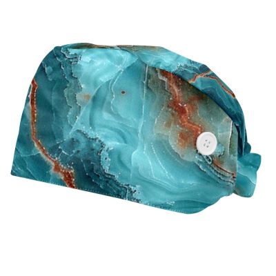 2-Pc,Bouffant Nurse Hats,Scrub Cap Adjustable Scrub Hats with Sweatband,Turquoise Green Marble Texture