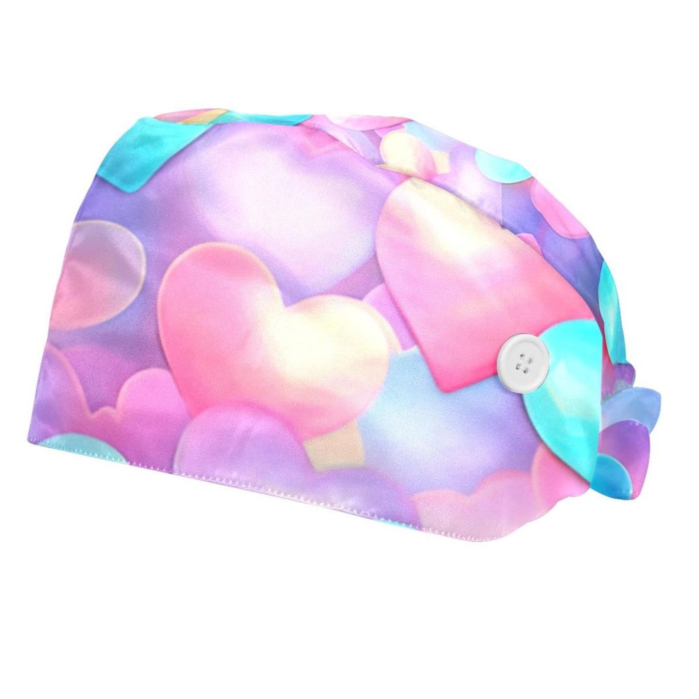 2-Pc,Bouffant Nurse Hats,Scrub Cap Adjustable Scrub Hats with Sweatband,Watercolor Gradient Color Hearts