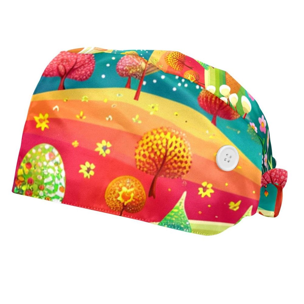 2-Pc,Bouffant Nurse Hats,Scrub Cap Adjustable Scrub Hats with Sweatband,Colored Forest Tree Fox