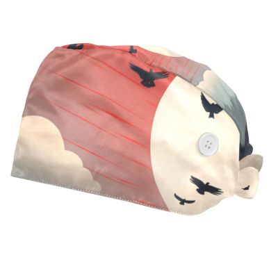 2-Pc,Bouffant Nurse Hats,Scrub Cap Adjustable Scrub Hats with Sweatband,Birds Flying Around Heart