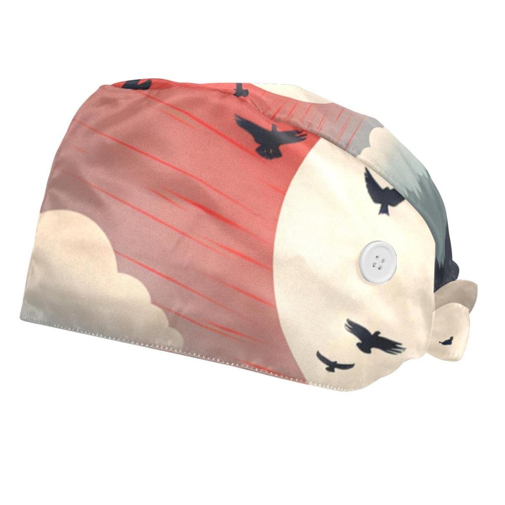 2-Pc,Bouffant Nurse Hats,Scrub Cap Adjustable Scrub Hats with Sweatband,Birds Flying Around Heart