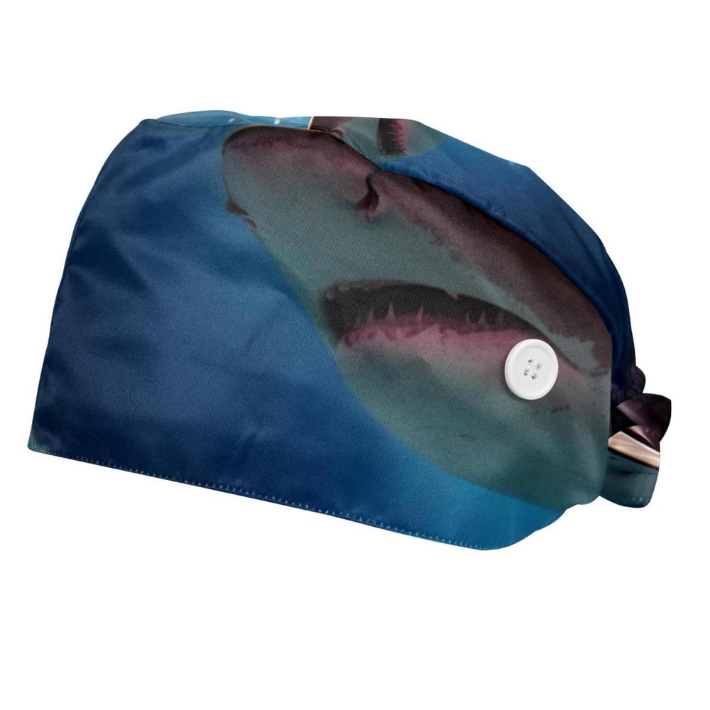2-Pc,Bouffant Nurse Hats,Scrub Cap Adjustable Scrub Hats with Sweatband,Sea World Fish Shark
