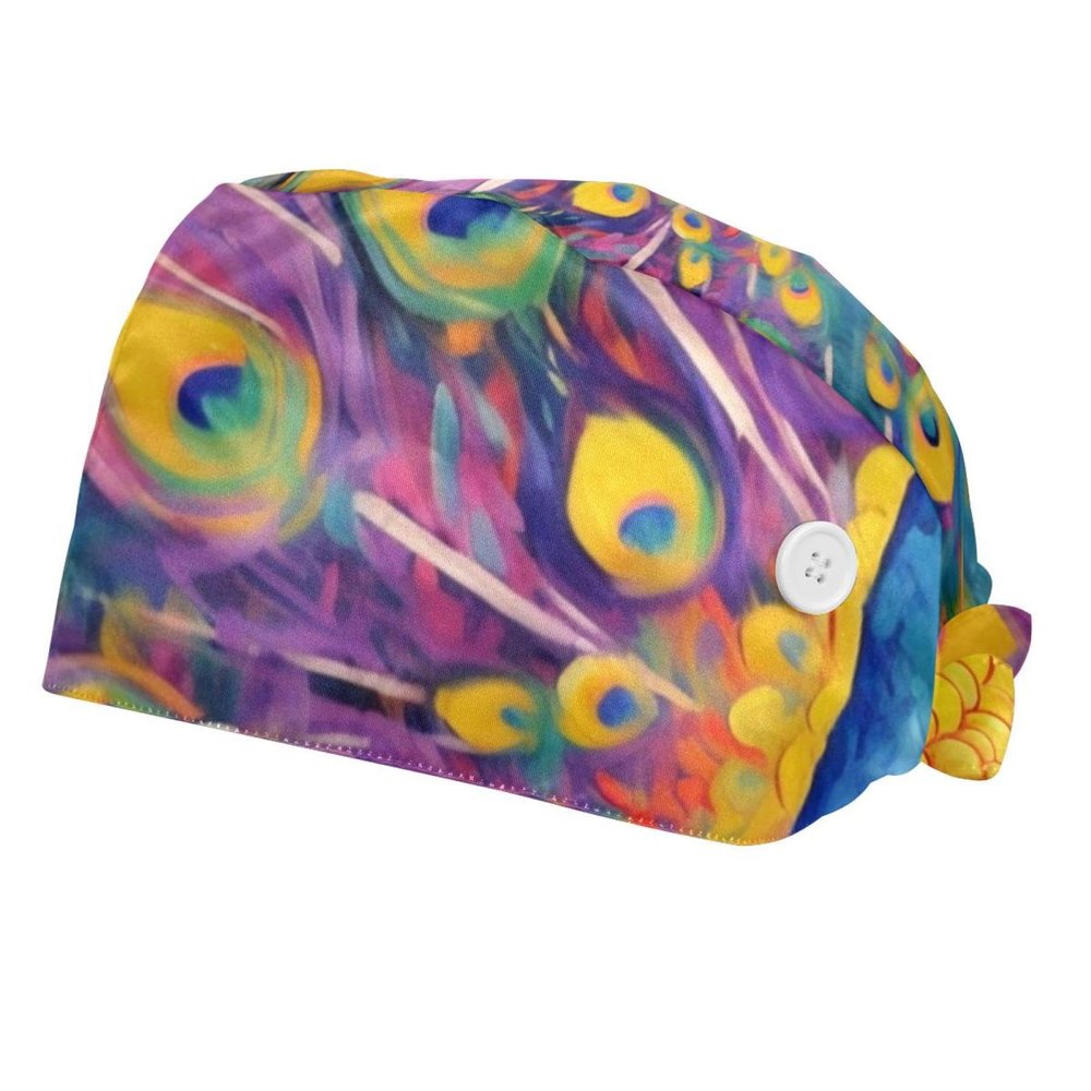 2-Pc,Bouffant Nurse Hats,Workout Hat with Buttons and Cotton Sweatband,Animal Colorful Peacock Art Painting