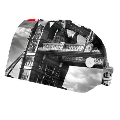 2-Pc,Bouffant Nurse Hats,Scrub Cap Adjustable Scrub Hats with Sweatband,Building Bridge British Flag
